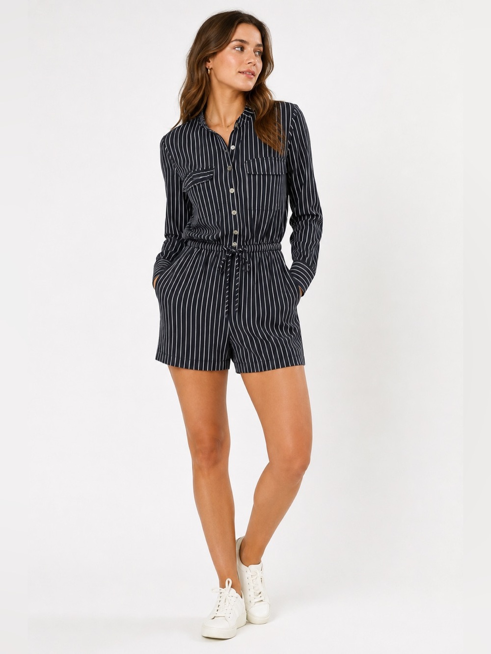 Billabong Striped Utility Romper XS Black White Long Sleeve Coastal Casual